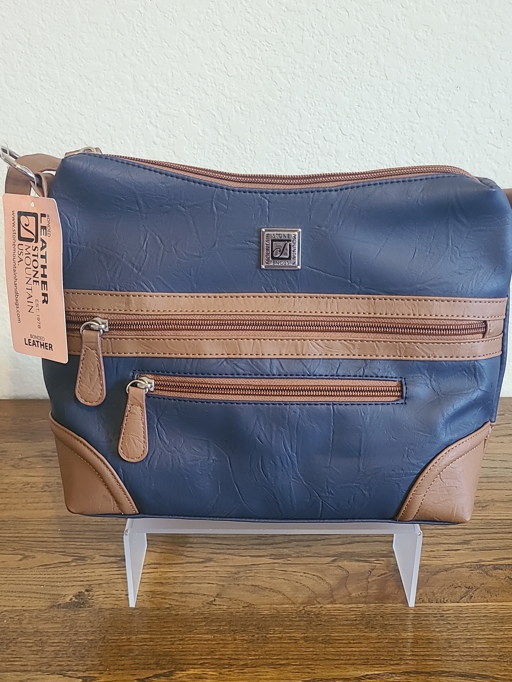 Stone Mountain Accessories Navy/ Tan Leather Irene Hobo Bag
